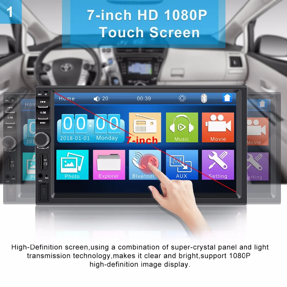 Авторадио 2 din автомагнитола 7 "HD плеер MP5 сенсорный экран цифровой дисплей Bluetooth