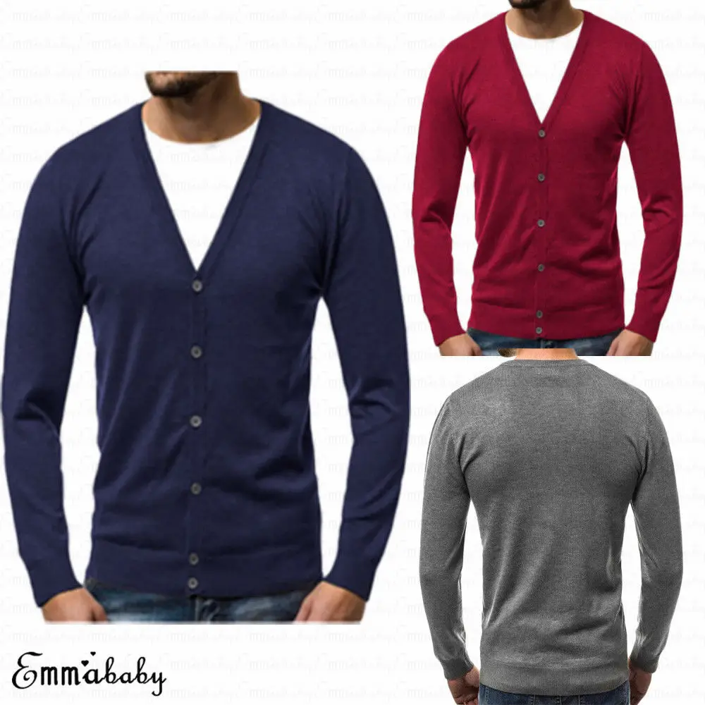 Мужской трикотажный свитер с длинным рукавом облегающий треугольным вырезом и