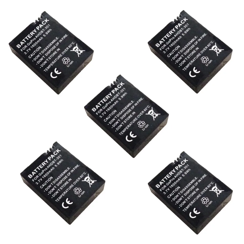 5 шт. 1600 мА · ч для GoPro AHDBT 201/301 Аккумулятор камеры Gopro Hero 3 +|ahdbt-301 battery|battery for goprocamera