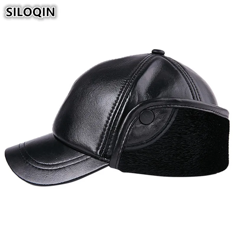 

SILOQIN взрослая мужская кожаная кепка зимние бархатные плотные теплые бейсболки из овечьей кожи с наушниками брендовые шапки для мужчин