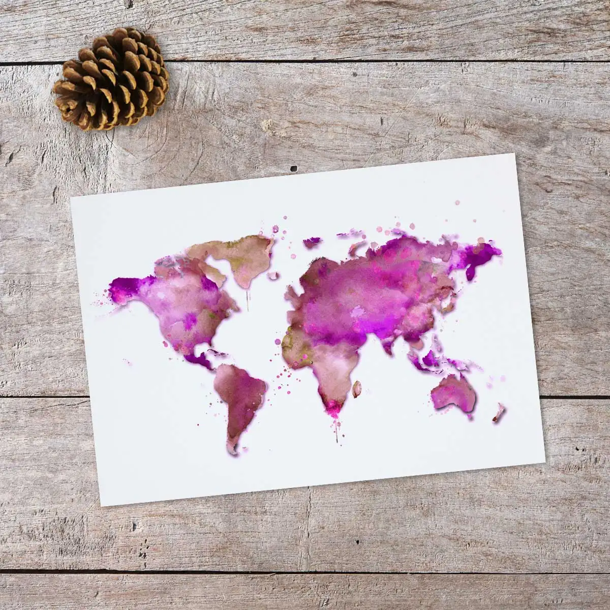 Фиолетовый настенный художественный постер с картой мира акварелью Розовый