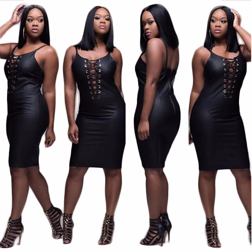 2017 Весна Сплошной Цвет Женщины Черное Платье Сексуальная ИСКУССТВЕННАЯ Кожа