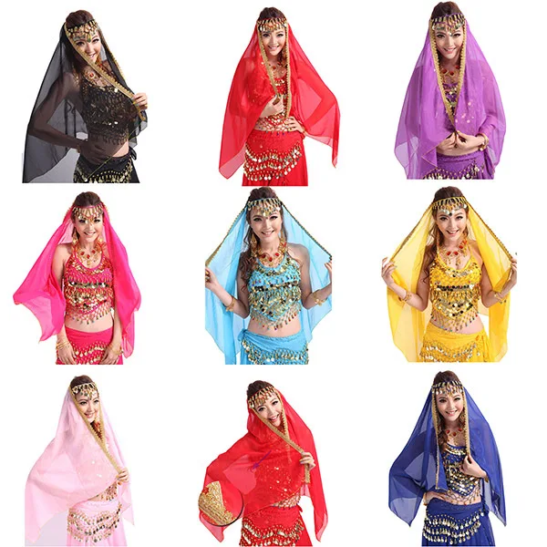 

Belly Dance Costume Women Belly Dance Veil Chiffon Big Shawl Skirt Scarf Gypsy Tribal Gold Trim Headscarf