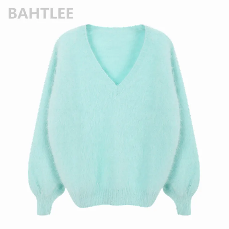 MINT GREEN BAHTLEE зимний женский джемпер из Ангорского Кролика, свитер с v-образным вырезом и рукавом-фонариком, норковый кашемировый вязаный пуловер, сохраняющий тепло, толстый свободный - Цвет: MINT GREEN