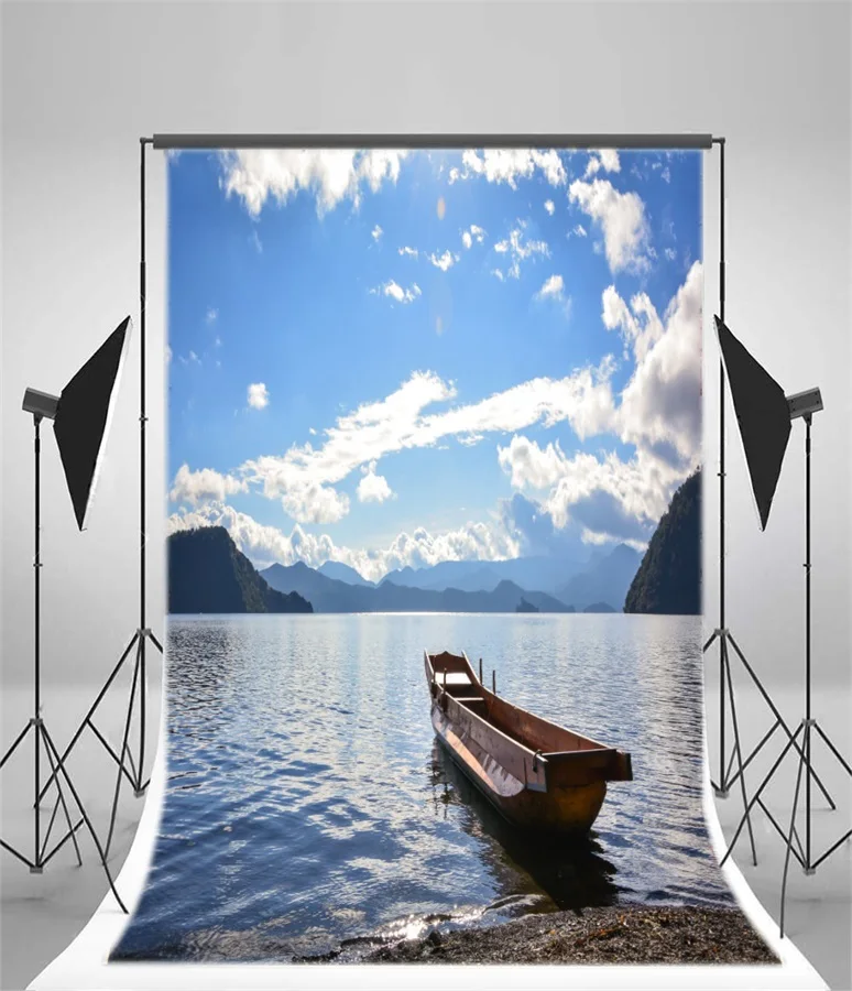 Laeacco Sunny Cloudy Sky Lake Beach Boat Landscape фоны для фотосъемки виниловые фотообои фотостудии |