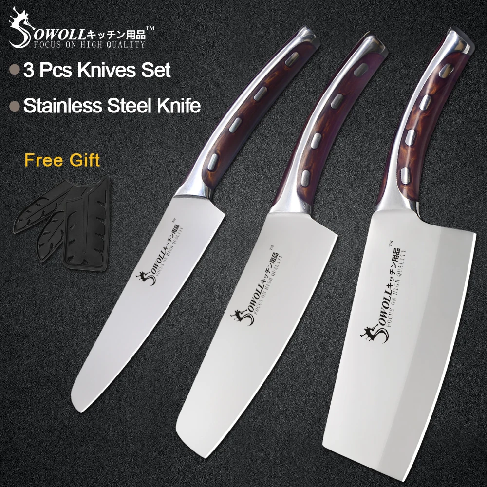 

Sowoll 3 Piece Stainless Steel Kitchen Knife Set 5 6 7 inch Resin Fibre Handle High Carbon Blade Utility Chef Chopping Knives