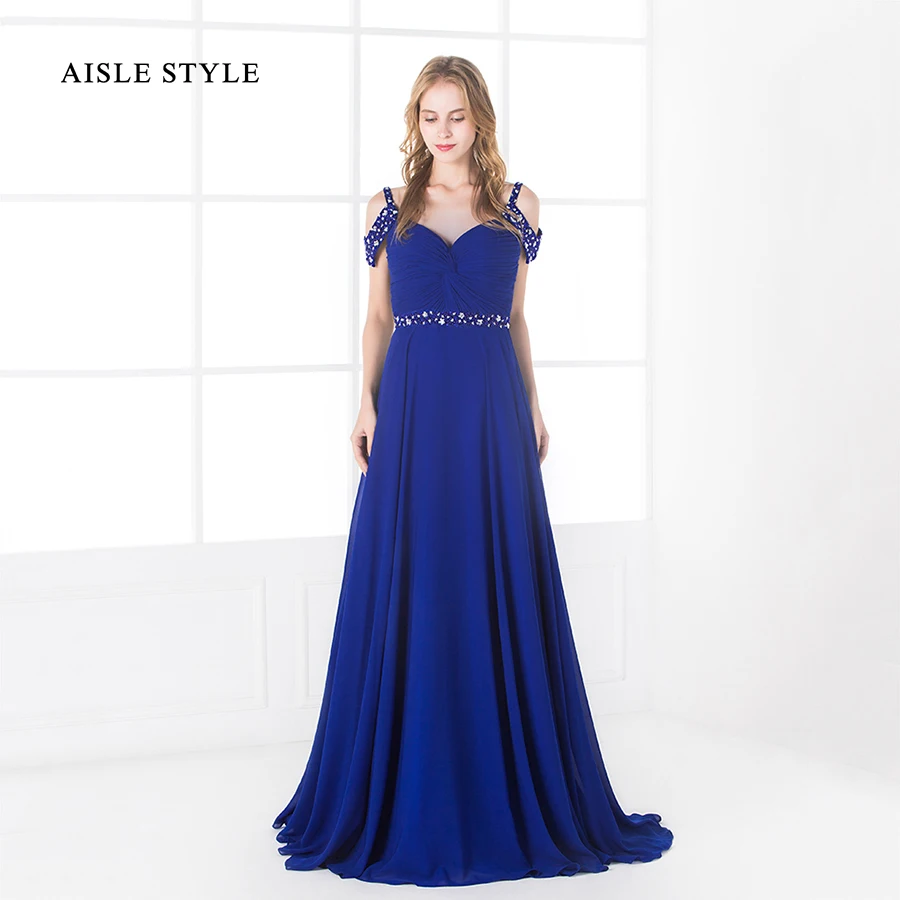 Проход Стиль С Плеча Пром Платья Sparkly Бисером-Линии Royal Blue Длиннее Шифоновое