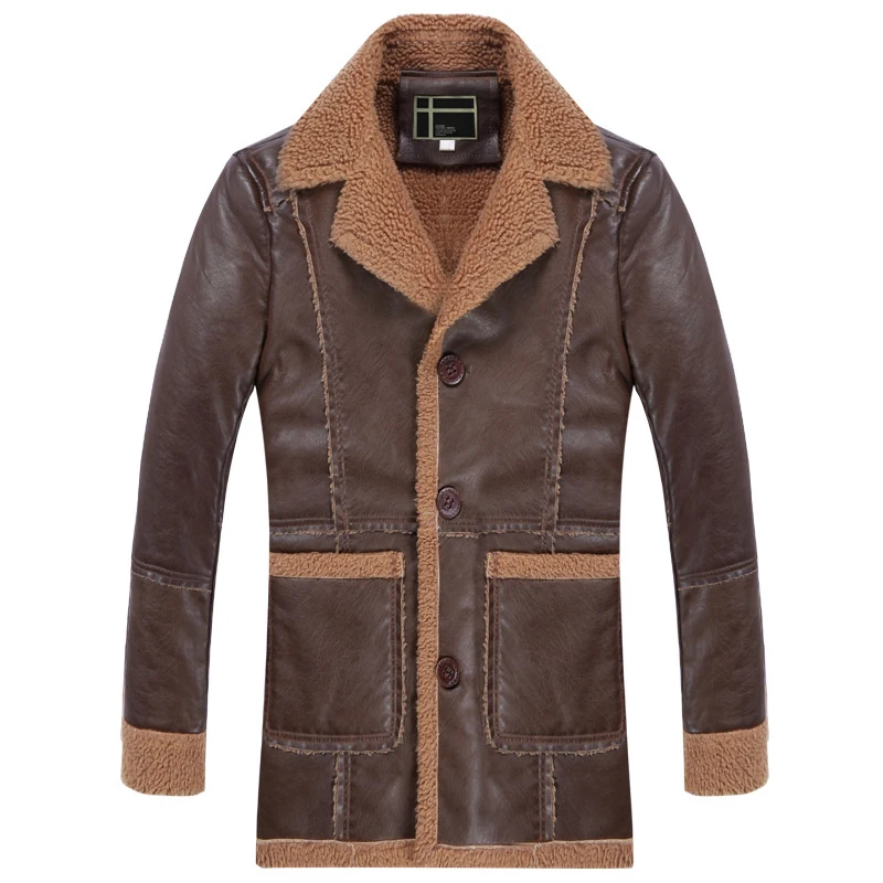 

2019 New Turn Down Collar Velet Lining Winter Leather Jackets For Men Fashion Long High Quality Abrigos Hombres Invierno