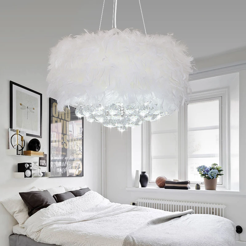 

Modern dreamy feather crystal clear chandelier E27 220V LED pendant lamp fixture bedroom living room hotel hall restaurant cafe