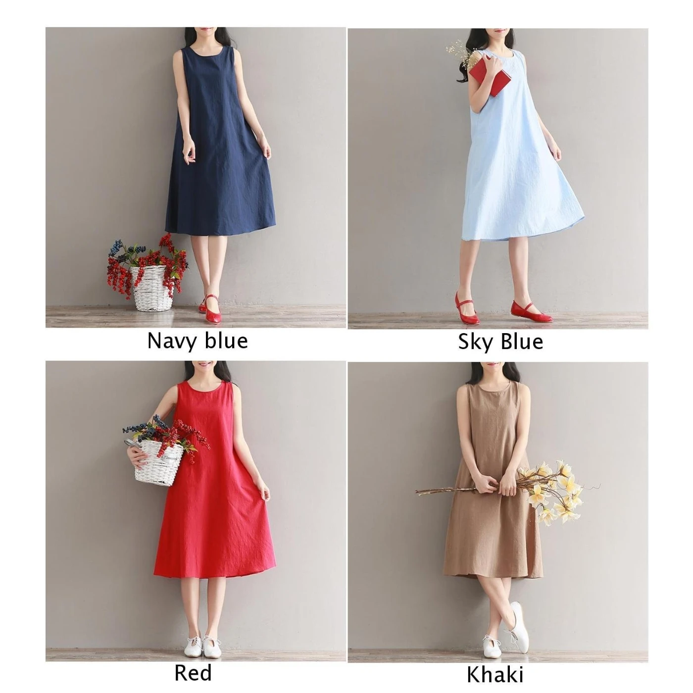 Plain Causal Dresses Womenu2019s Loose Short Midi Dress Lady Cotton Linen Sundress | Женская одежда