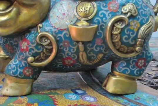 

Free shipping S00166 14"Chinese collection Bronze gold Cloisonne Luck Ru Yi Wealth money pig Statue