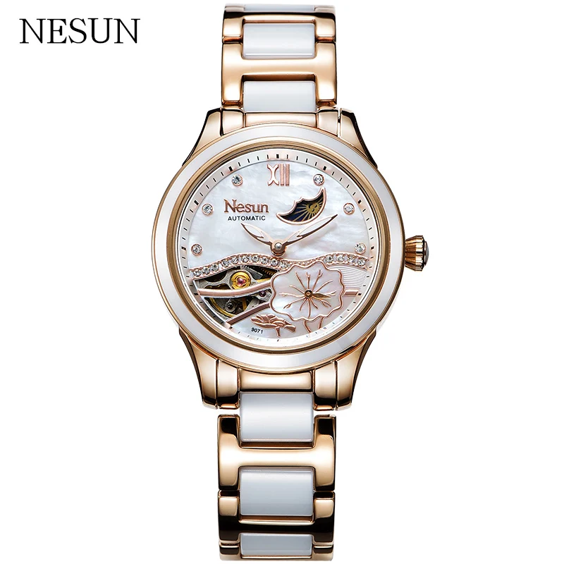 RoseGold NESUN для женщин полые автоматические механические часы люксовый бренд часы Водонепроницаемый Мода Moon Phase наручные часы дамы Reloj Mujer - Цвет: RoseGold