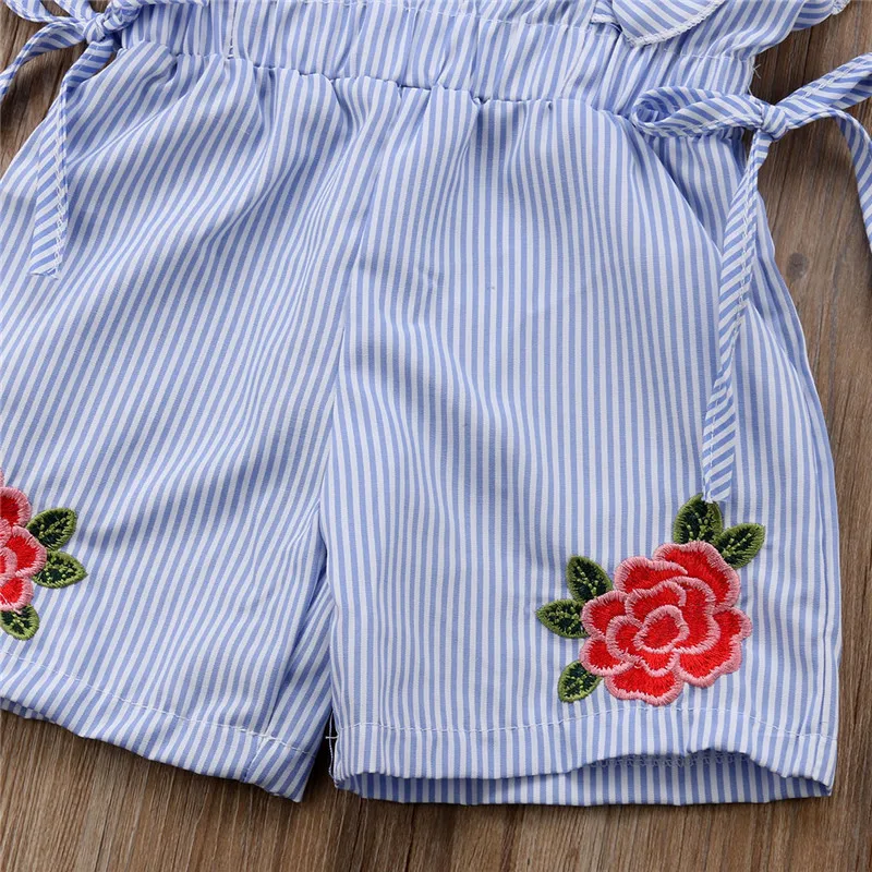 

Children Blue Striped Jumpsuit Overall Pretty Kids Baby Girls Embroidery Flower Romper Ruffle Sleeveless Jumpsuit Summer Outfits