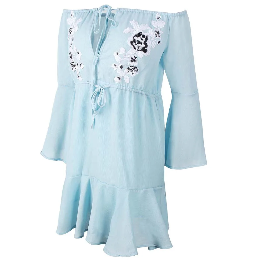 

Lady Mini Dress A-Line Applique Chiffon Drawstring Ruffled Dresses Tassel Slash-Neck Off Shoulder Dress Trumpet Sleeve