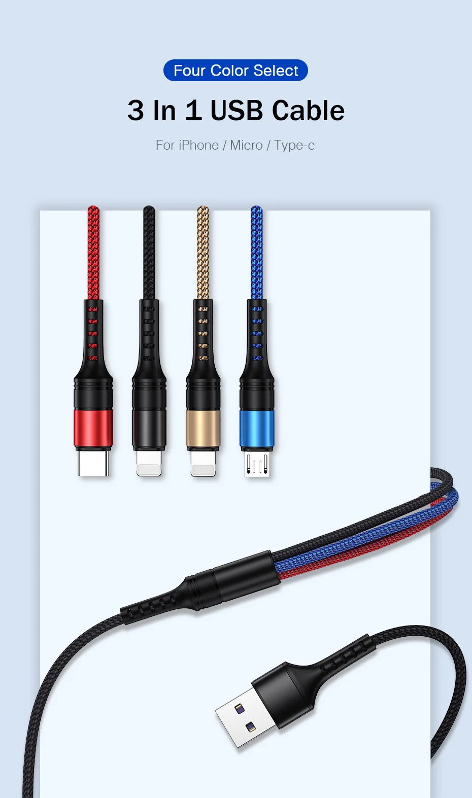 YKZ 3 в 1 Micro USB C кабель для samsung S10 Apple Xiaomi мульти Быстрый зарядный кабель для Android type C кабель для передачи данных мобильного телефона