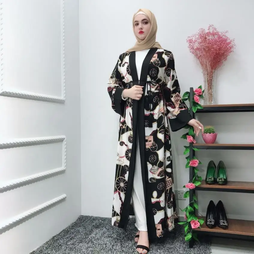 Оптовая продажа женский длинный кардиган с принтом колеса в мусульманском стиле