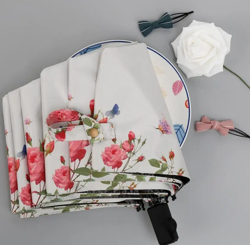 Весенний корейский зонтик от дождя женский виниловый анти-УФ зонтик 3 складной черное покрытие скромная горничная Paraguas женский зонтик