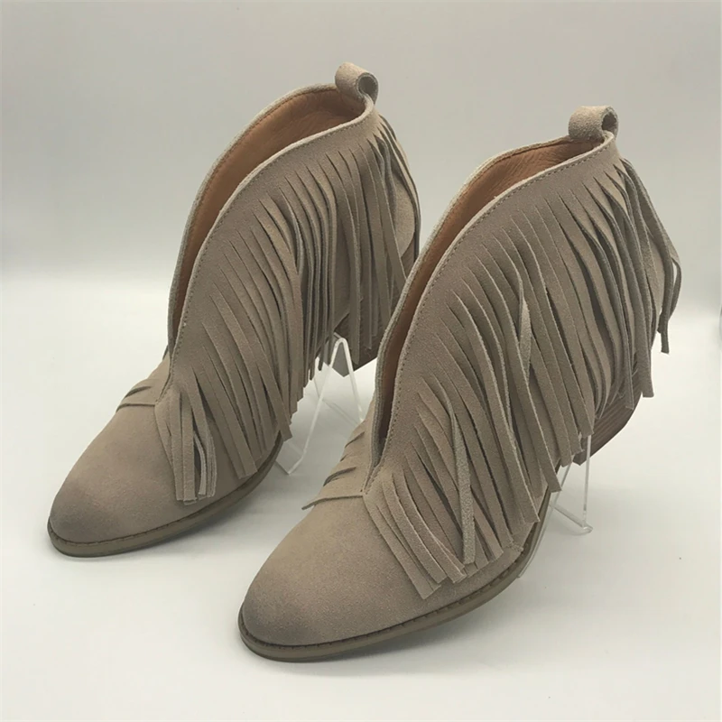 Женские замшевые ботильоны Mabaiwan Черные с бахромой без застежки Осень-зима 2019 |