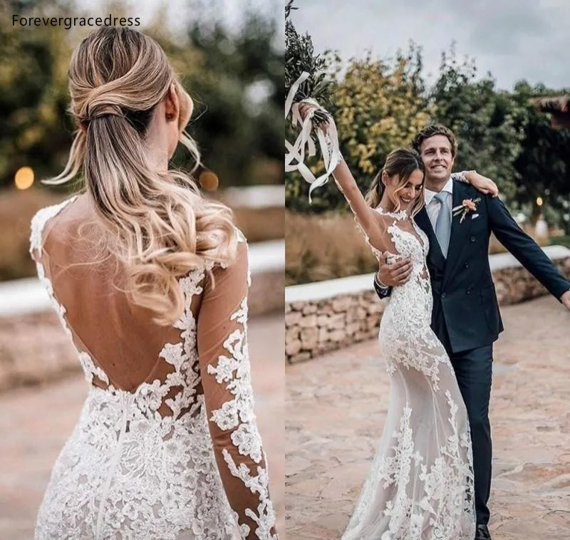 PICTURE COLOR Русалка открытой спиной Boho свадебный наряд с длинными рукавами кружева страны сад свадебные платья плюс размер на заказ - Цвет: PICTURE COLOR
