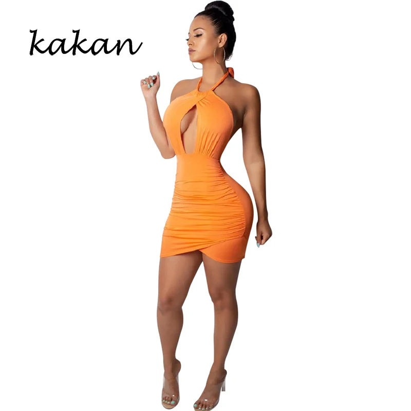

Kakan summer new women's dress sexy hanging neck backless irregular bag hip dress orange wine red green black dress