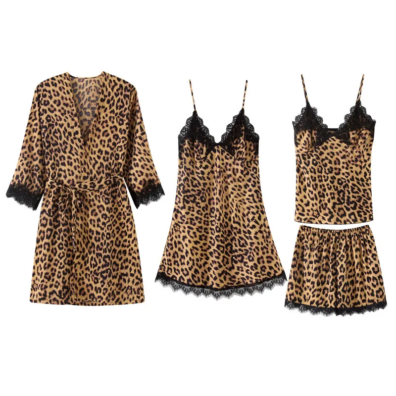 Женский леопардовый банный костюм кружевной халат + Ночное платье комплект для