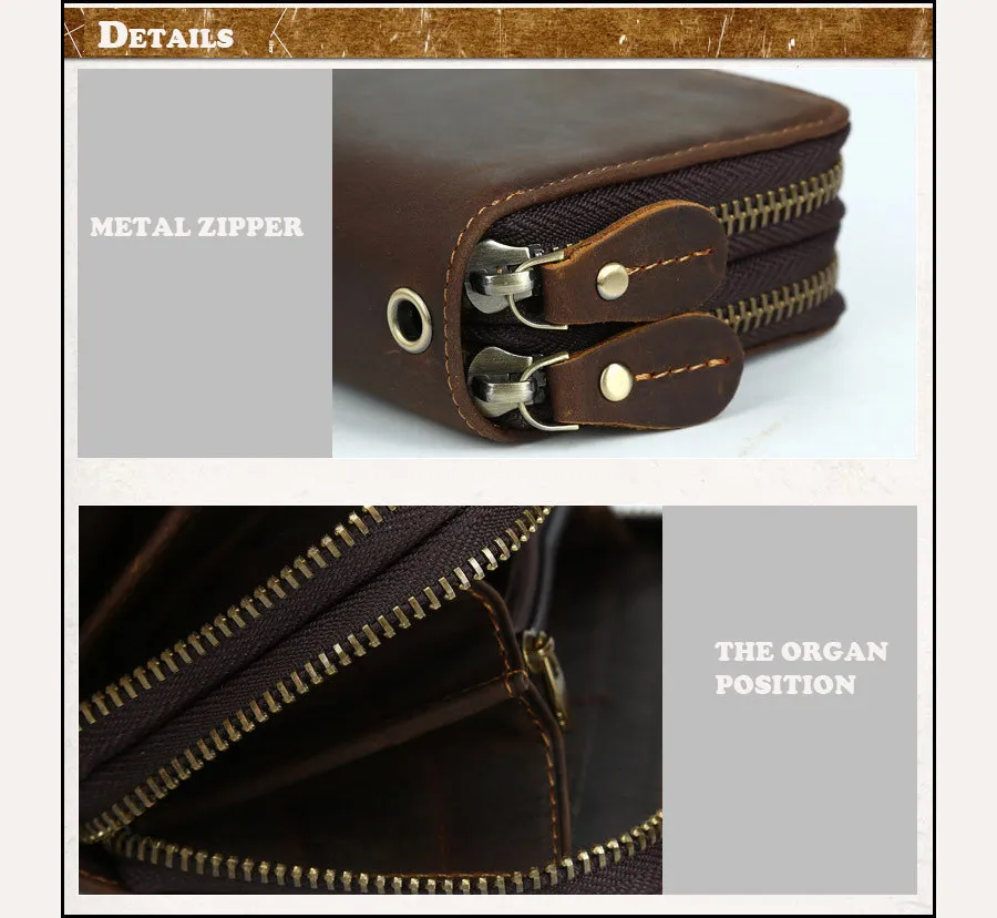 Imported Head Layer Cowhide Both Zipper Men Clutch Wallet Genuine Leather Male Long Purse Vintage Man Notecase PR084009