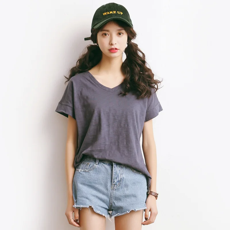 Женская хлопковая футболка с коротким рукавом и V образным вырезом|t-shirt women|loose