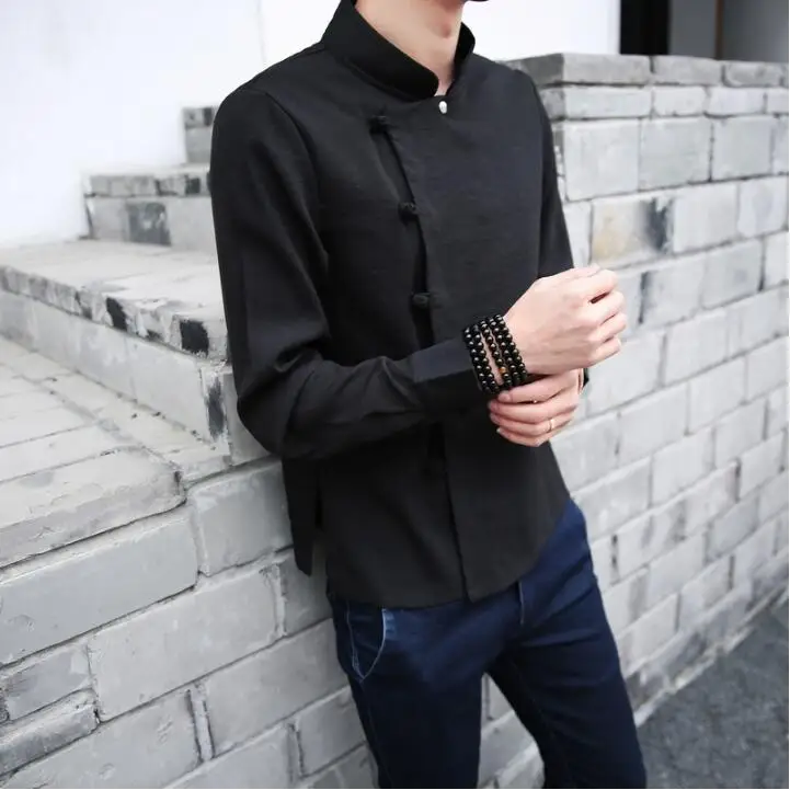 Мужская льняная рубашка с длинными рукавами и косой пуговицей Повседневная в