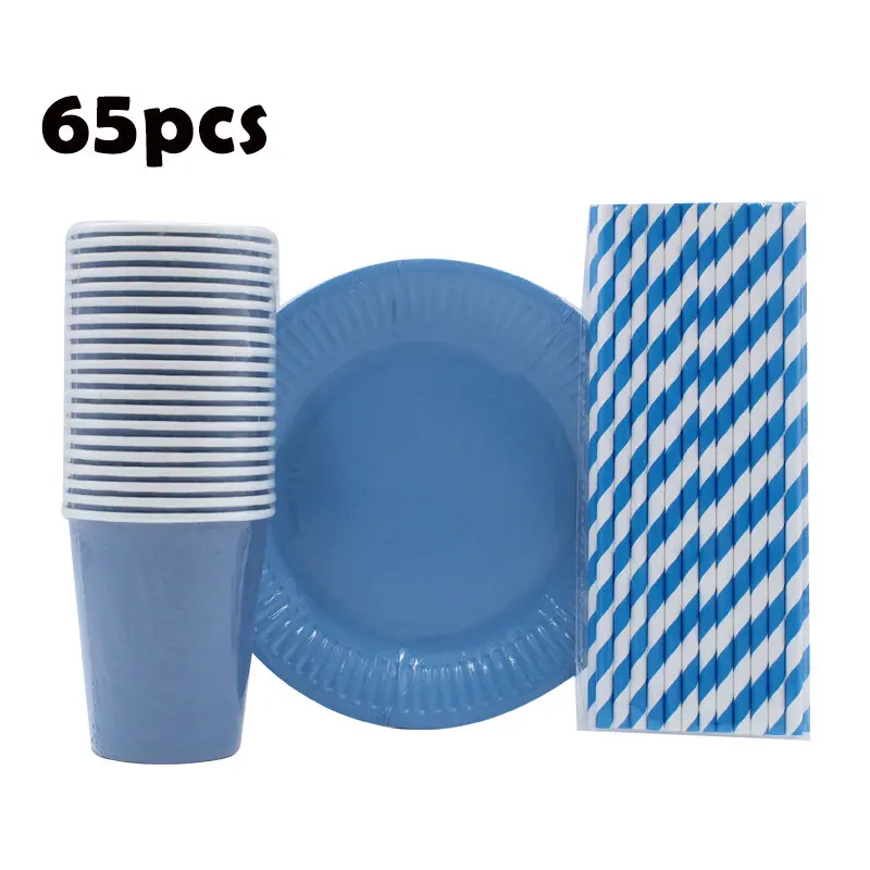 Set-65pcs 65 шт Свадебные украшения для дня рождения синий одноразовая посуда чашки листовая бумага трубочки, принадлежности для вечеринки для предродовой вечеринки - Цвет: Set-65pcs