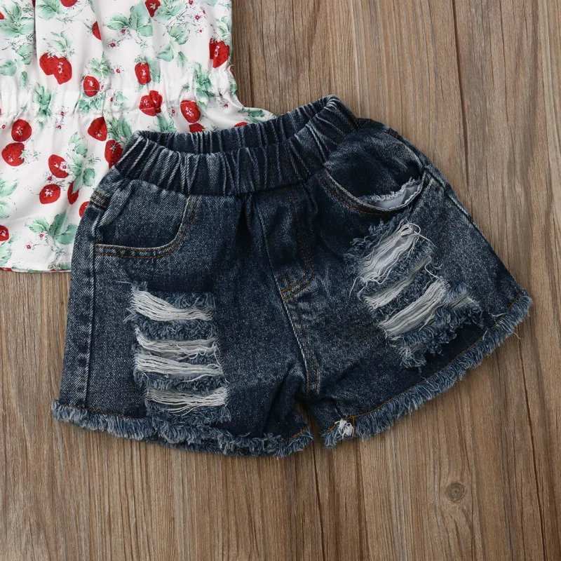 Fashion Toddler Kids Baby Bibs Girl 3Pcs Flowers Print Tops Hole Jeans Shorts Bowknot Headband Outfits Summer Children Set | Детская