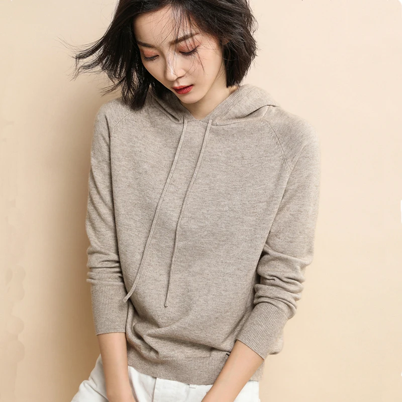 HZYRMY Spring Autumn New Women's Cashmere Sweater Fashion Solid Color Hooded Soft Shirt Short Loose Wool Knit Pullover Sweaters | Женская