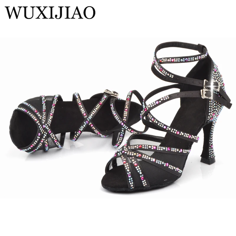 WUXIJIAO Ladies Latin dance shoes with black satin rhinestone style high heels salsa dancing heel 9cm | Спорт и развлечения