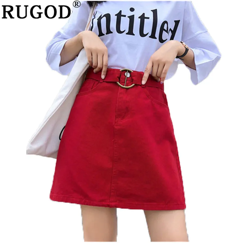 

RUGOD 2019 New Casula Chic Sweet Demin Solid Sashes High Waist basic Loose A-Line Mini Slim women summer Denim skirt harajuku