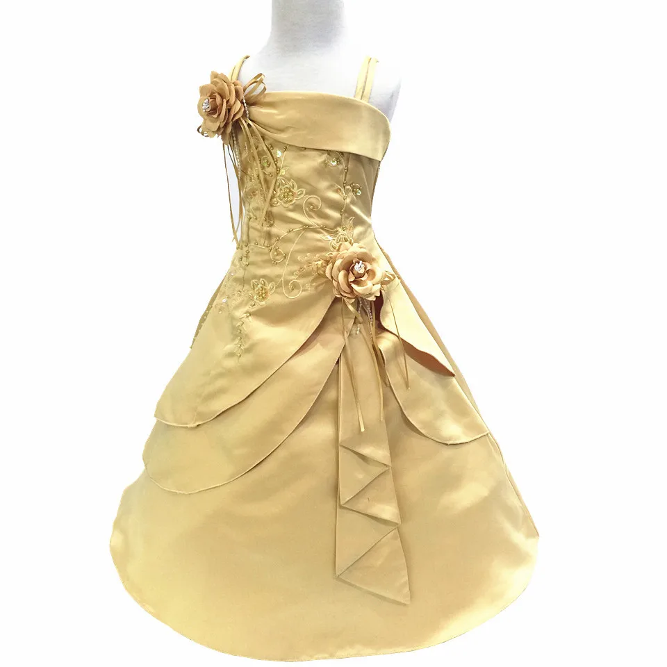 Длинное атласное платье для девочек с цветочным принтом и обручем внутри