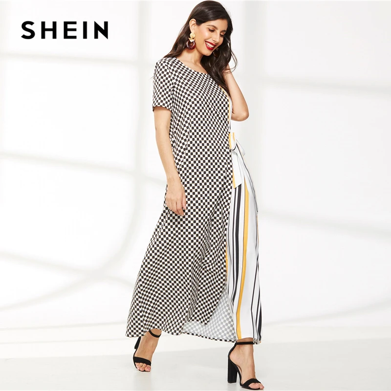 SHEIN контрастное платье в мелкую клетку и полоску с узлом сбоку,, весенне-летнее платье с коротким рукавом, одежда для женщин, платье