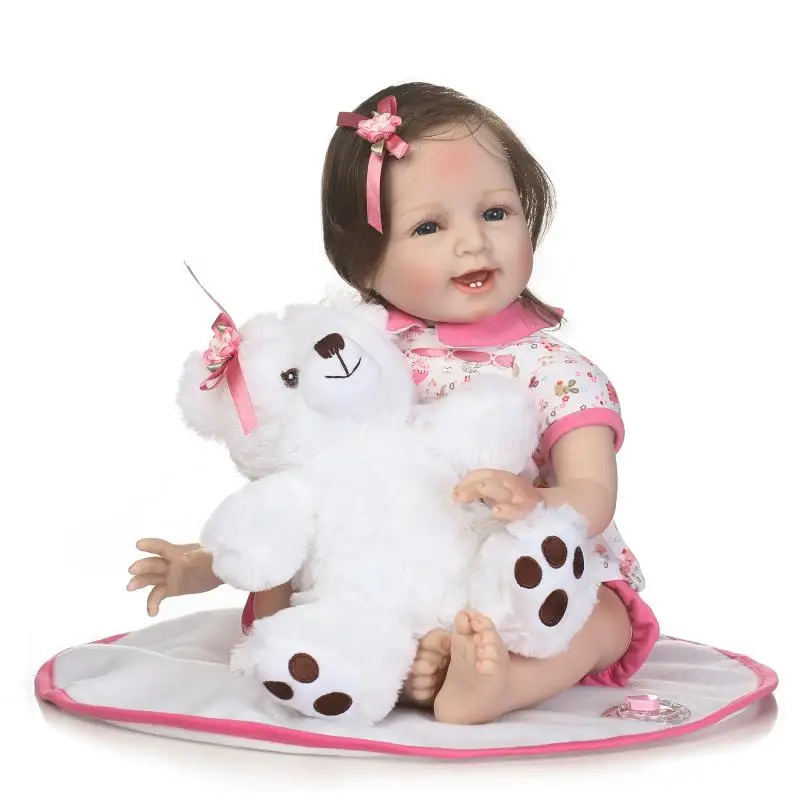 

NPK 22inch 55cm Bebe Doll Reborn Soft Silicone Boy Girl Toy Reborn Baby Doll Gift for children with white bear Bady Doll