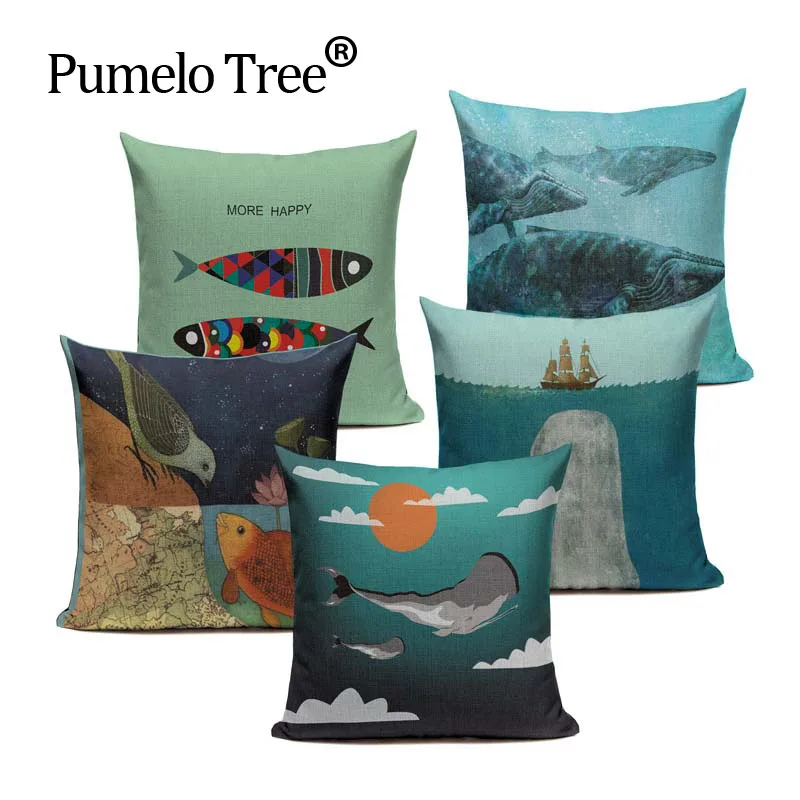Модный чехол для подушки в скандинавском стиле с синей рыбкой морской биологией