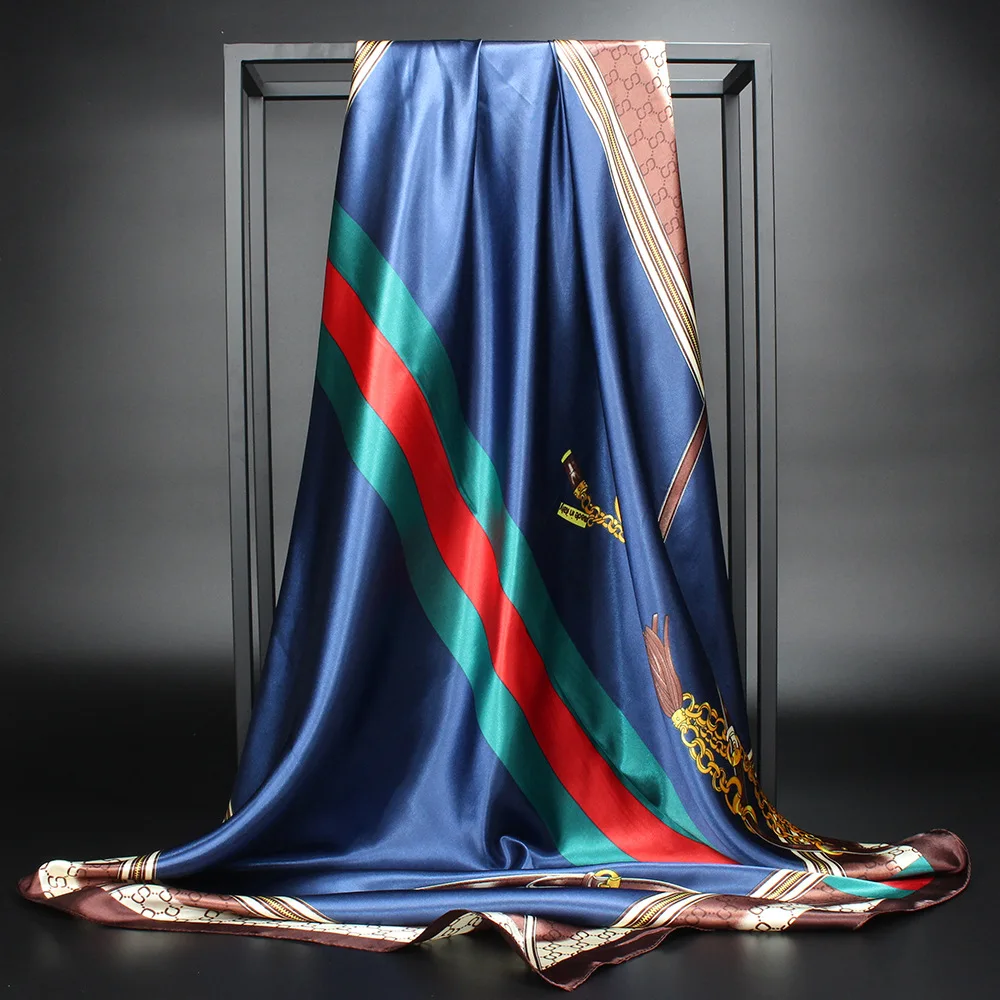 Летний шелковый шарф женский с принтом, квадратный головной платок из атласа для дам, роскошный брендовый шаль 90*90, большая мусульманская хиджаб.