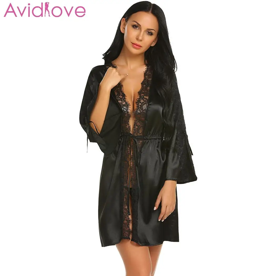 Avidlove Autumn Sleeve Sexy Nightwear Robes Lace Floral Long Satin Patchwork Nightgown Women Short Dressing Gowns for Women