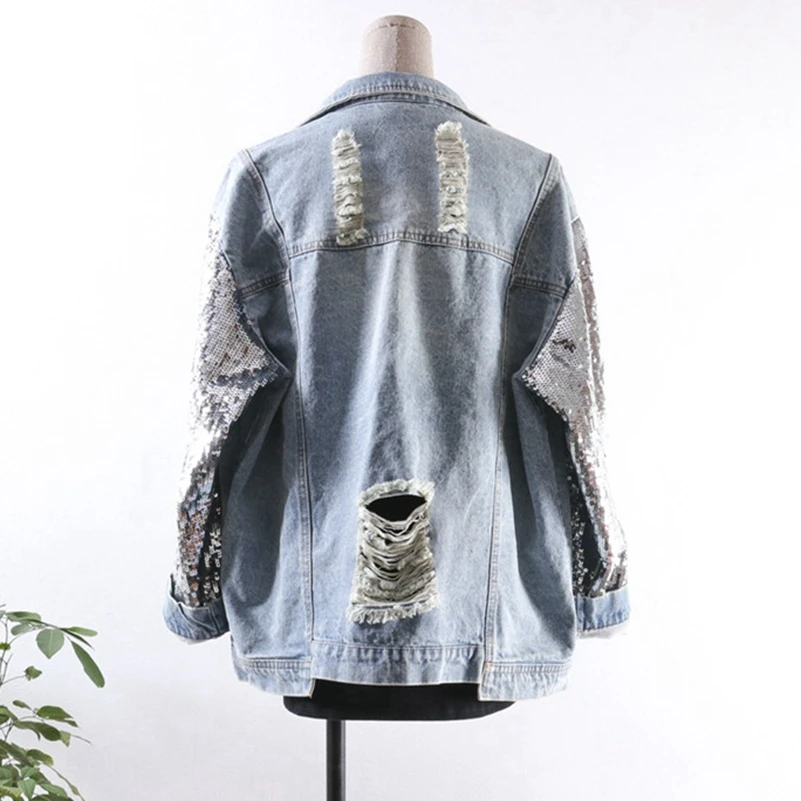 Женская джинсовая куртка с блестками свободная из денима дырками 2021 | одежда