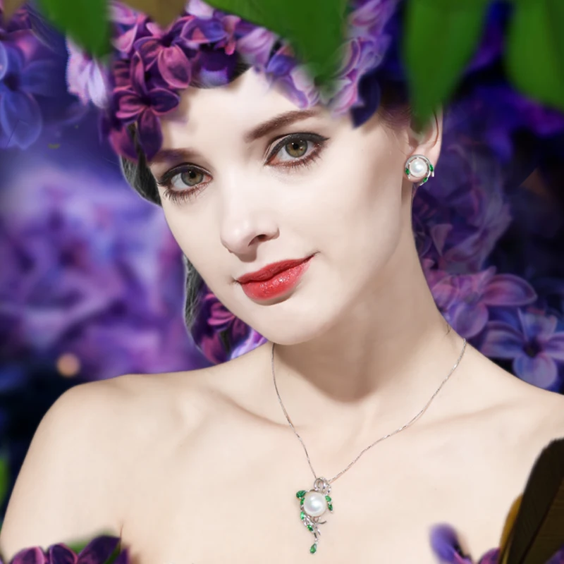 Женский комплект украшений FENASY набор из колье и сережек с изумрудом большим