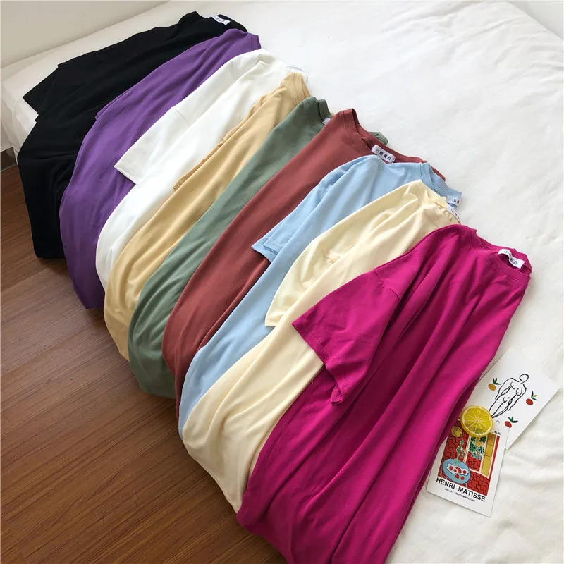 

Women Solid Summer T shirt Harajuku Loose Oversized Long T-shirt Short Sleeve O-neck Casual Fashion tshirt Female Tops Clothes