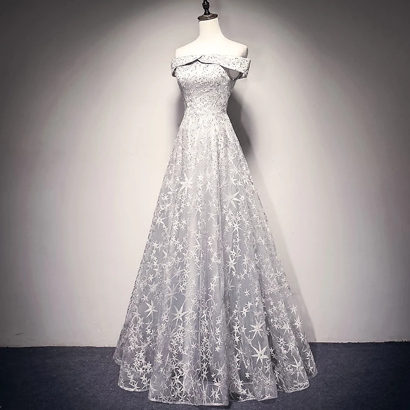 JANCEMBER Grey Star Lace Evening Dress Long Off The Shoulder Floor Length Up Back Elegant Formal robe de soiree | Свадьбы и