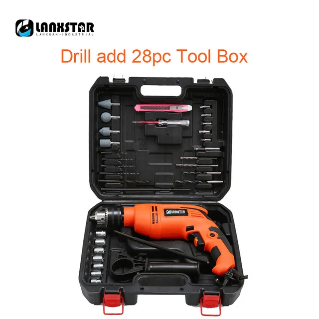 Drill add 28pc tool Lanxstar многофункциональная Регулируемая скорость деревообрабатывающий Электроинструмент 880 Вт Ударная дрель промышленная дрель Электрический Ударный Молоток дрель - Цвет: Drill add 28pc tool