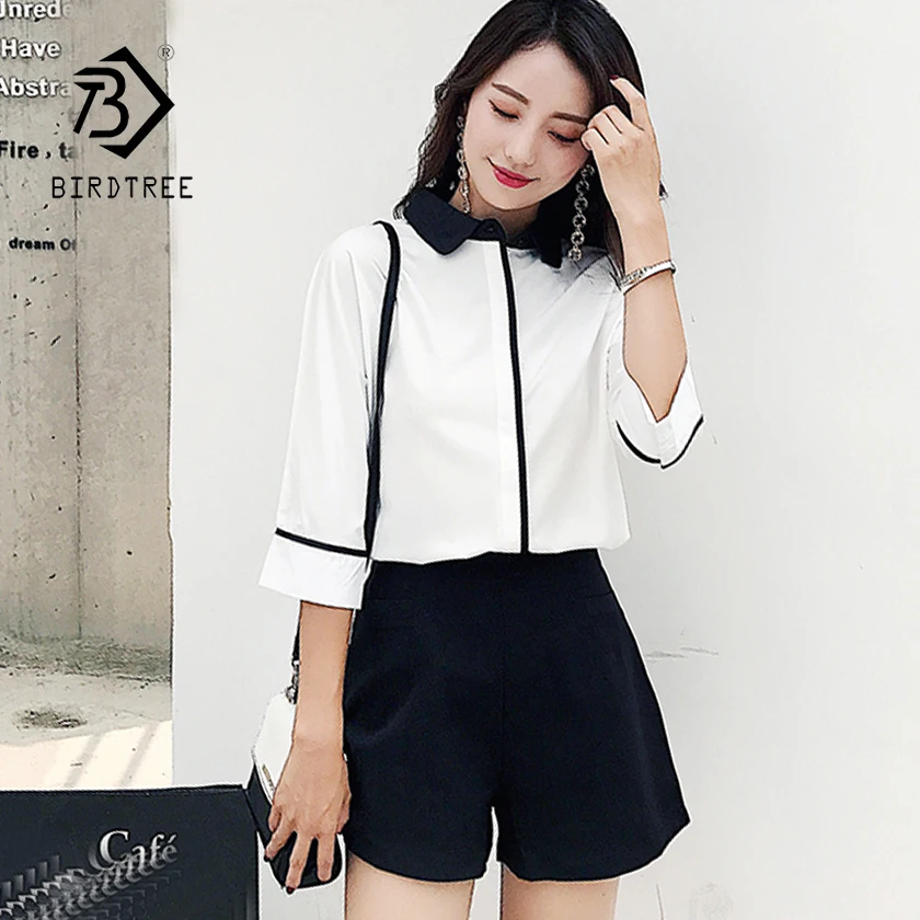 Новое поступление Женские однотонные белые топы с отложным воротником и черные