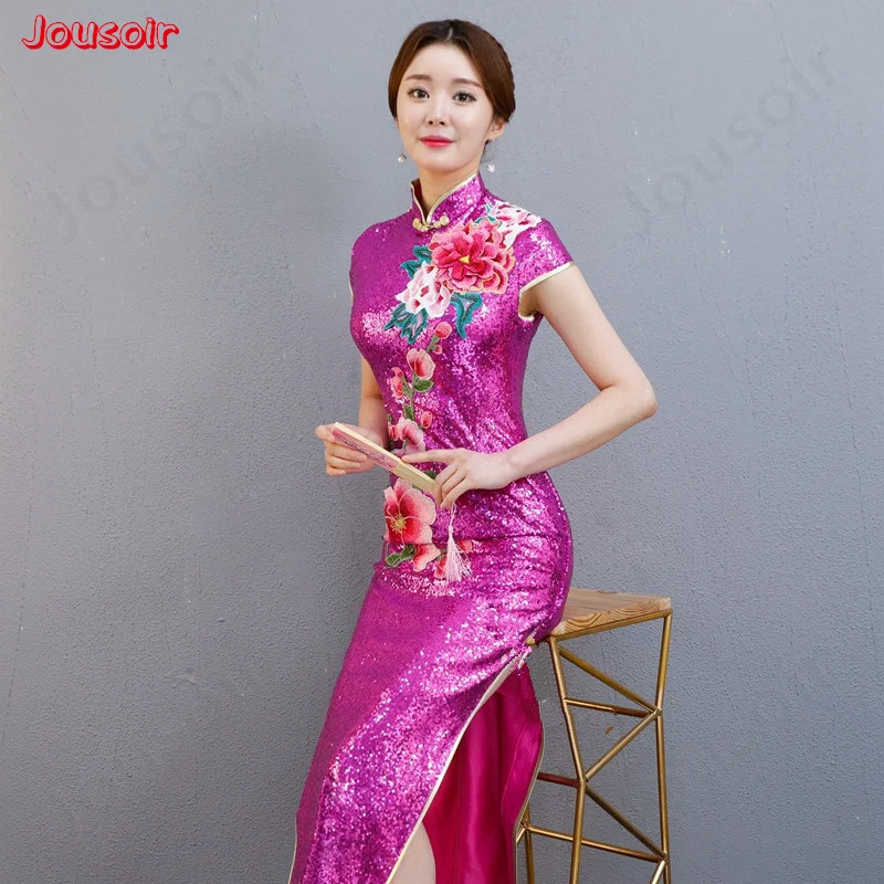 2018 Блестки Кружева Длинные изменение cheongsam производительности Подиум костюм