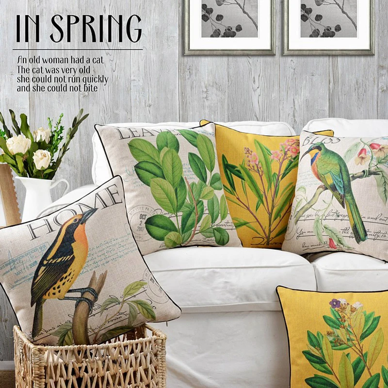 Элегантная наволочка в американском стиле с изображением сельских цветов и птиц