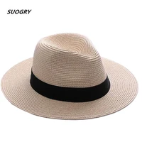 suogry brand straw hats for women panama hat beige white mens beach casual wide brimmed summer hawaiian fashion sun hat