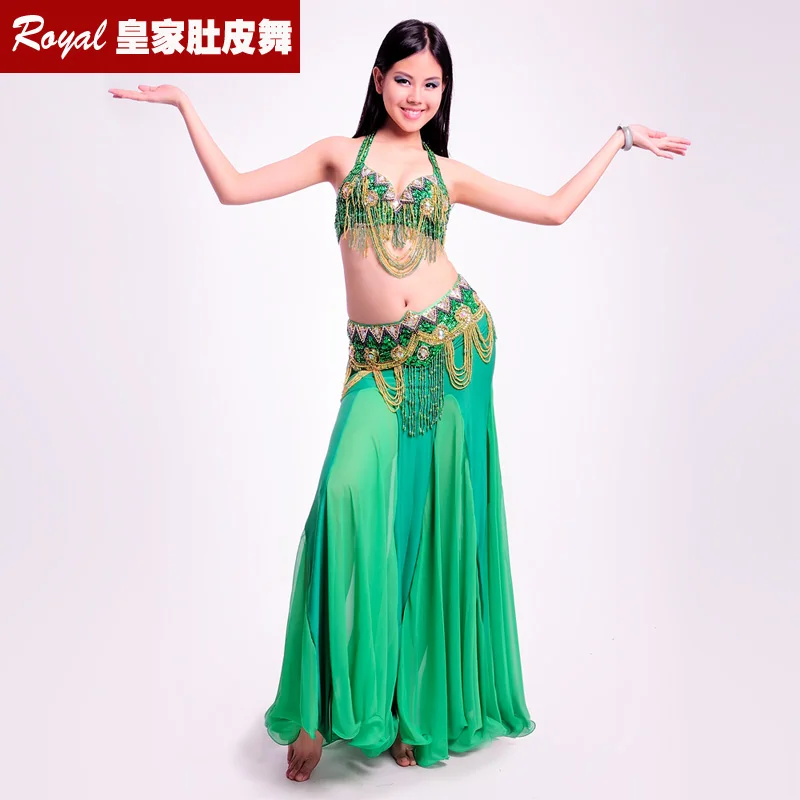 green Тонкий костюм для танца живота Профессиональный Bellydance платье одежда для выступлений костюм обернуть бедра: бюстгальтер, пояс и юбка - Цвет: green
