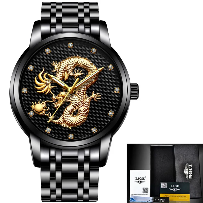 All black steel Relogio Masculino LIGE мужские часы Топ бренд класса люкс Золотой Дракон Бизнес Кварцевые часы мужские полностью стальные водонепроницаемые наручные часы+ коробка - Цвет: All black steel